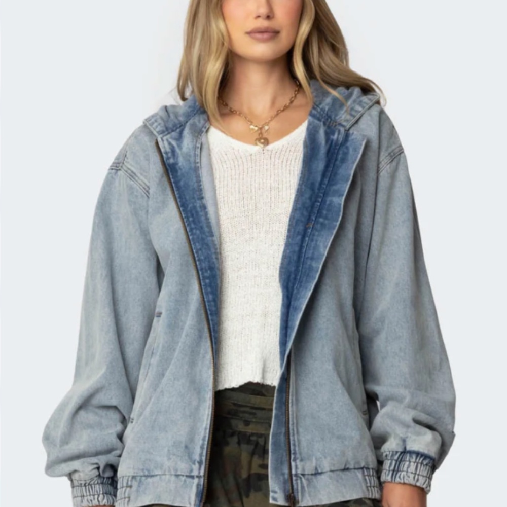 Edikted Hooded Vintage Washed Denim Bomber Jacket